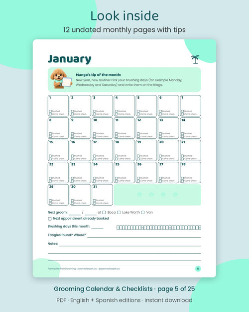 Look inside Mango's Grooming Calendar & Checklists: 12 undated monthly pages with tips (page 5 of 25)