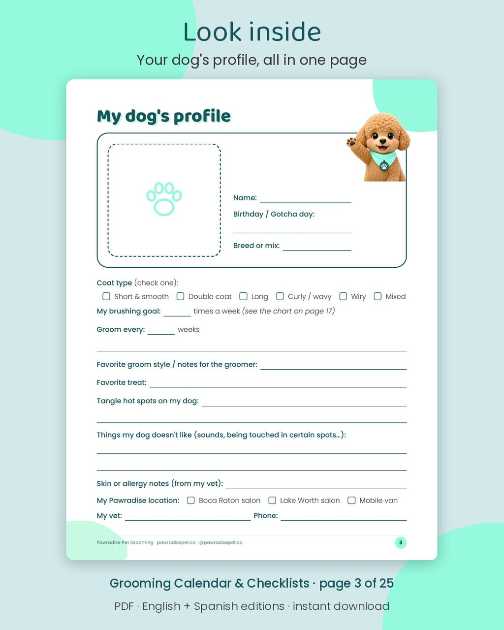 Look inside Mango's Grooming Calendar & Checklists: Your dog's profile, all in one page (page 3 of 25)