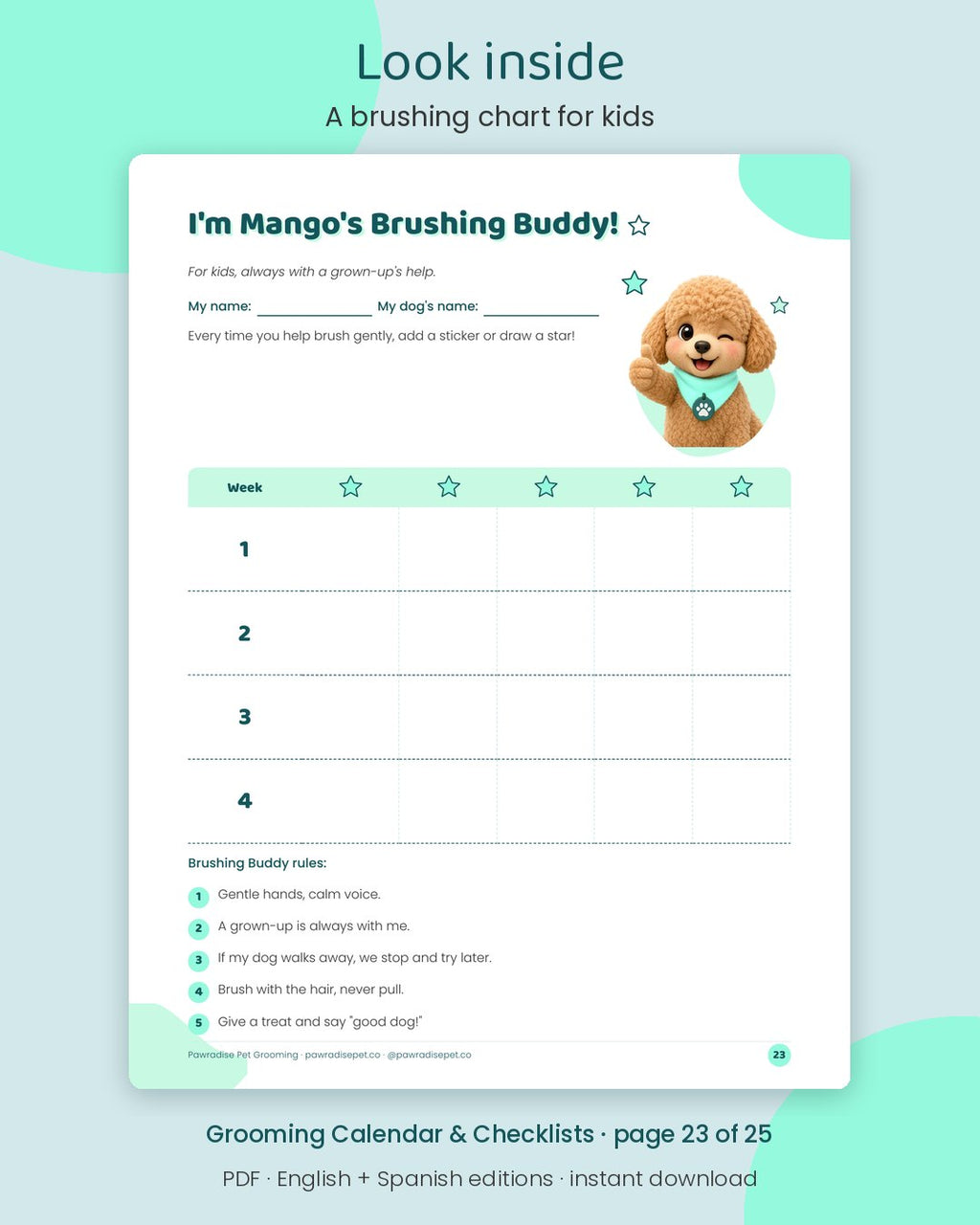 Look inside Mango's Grooming Calendar & Checklists: A brushing chart for kids (page 23 of 25)