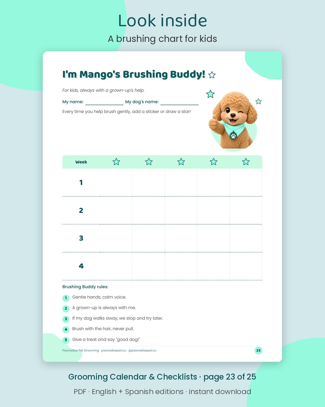 Look inside Mango's Grooming Calendar & Checklists: A brushing chart for kids (page 23 of 25)
