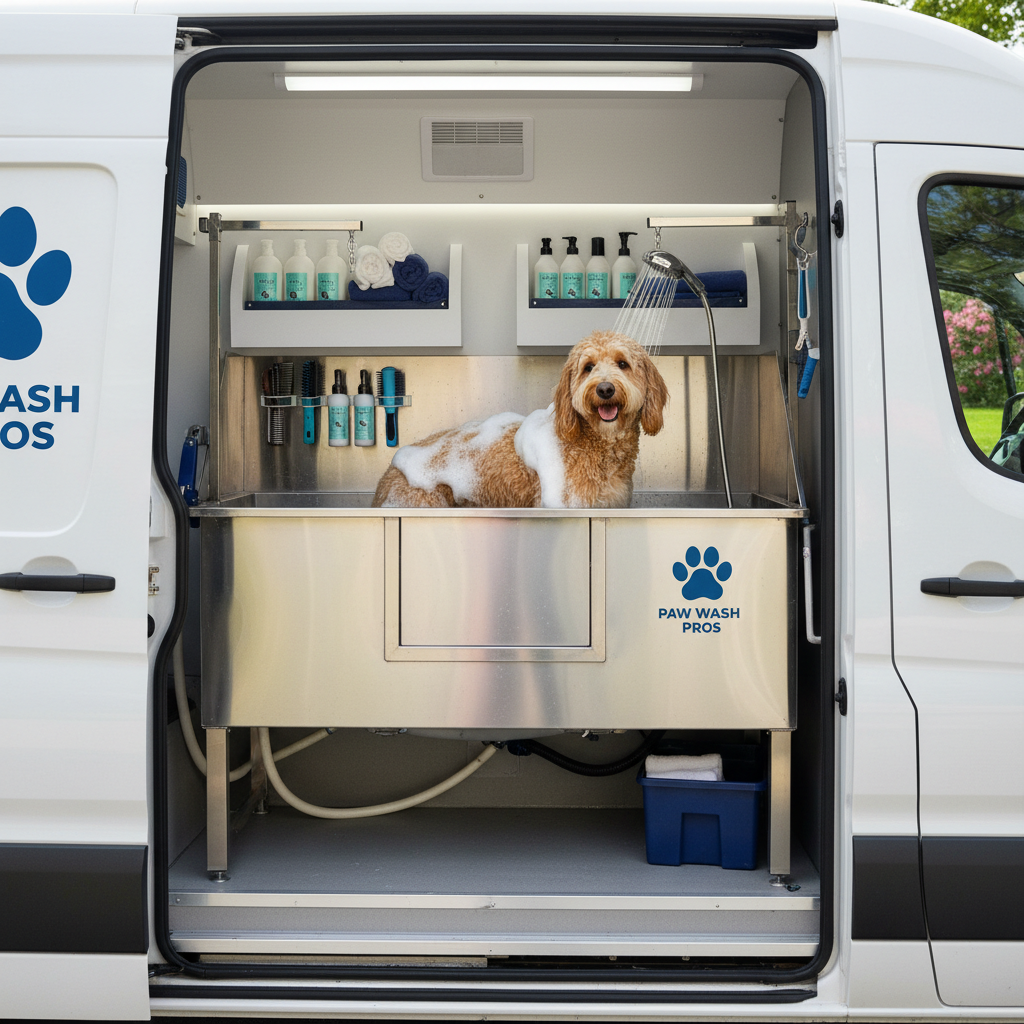 Dog enjoying a mobile bath and blow-dry at home with Pawradise mobile pet grooming in Lake Worth, FL