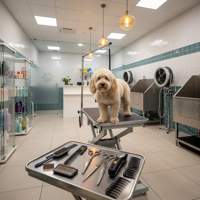 Happy freshly groomed dog after a Salon Full Groom at Pawradise Pet Grooming in Boca Raton and Lake Worth, FL