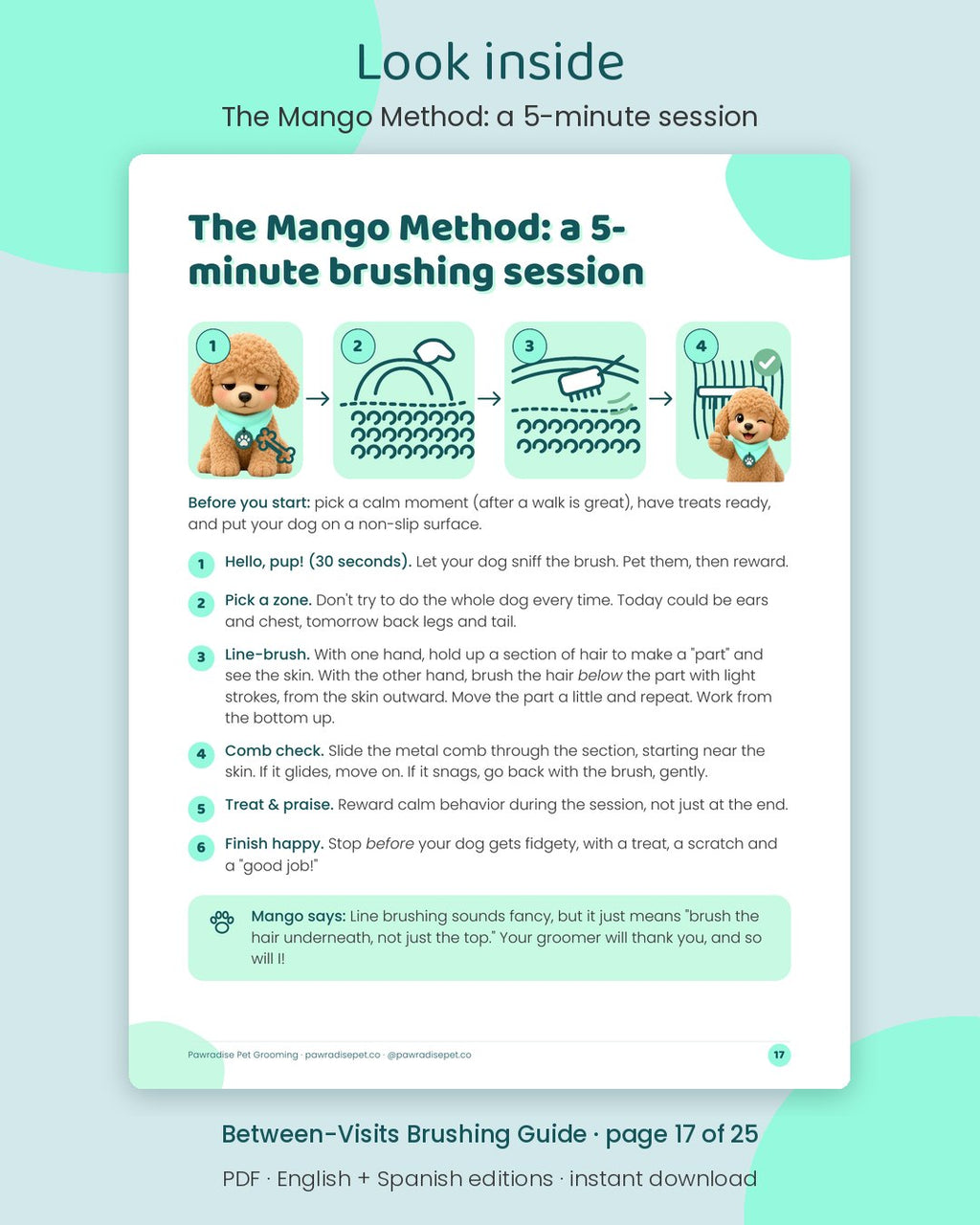 Look inside Mango's Between-Visits Brushing Guide: The Mango Method: a 5-minute session (page 17 of 25)
