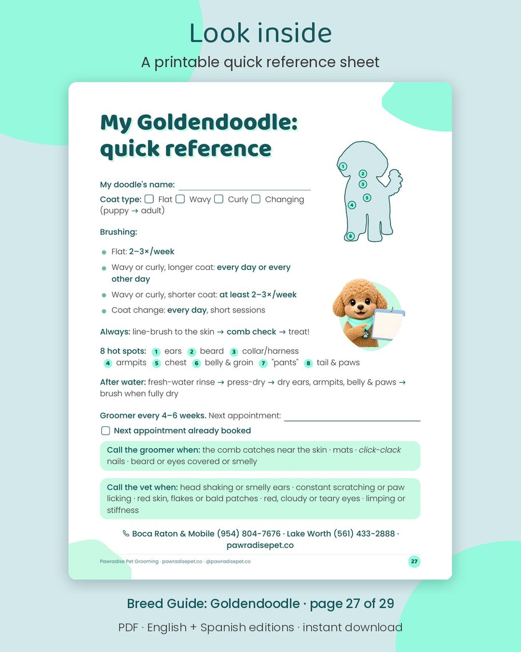 Look inside Mango's Breed Guide: Goldendoodle: A printable quick reference sheet (page 27 of 29)