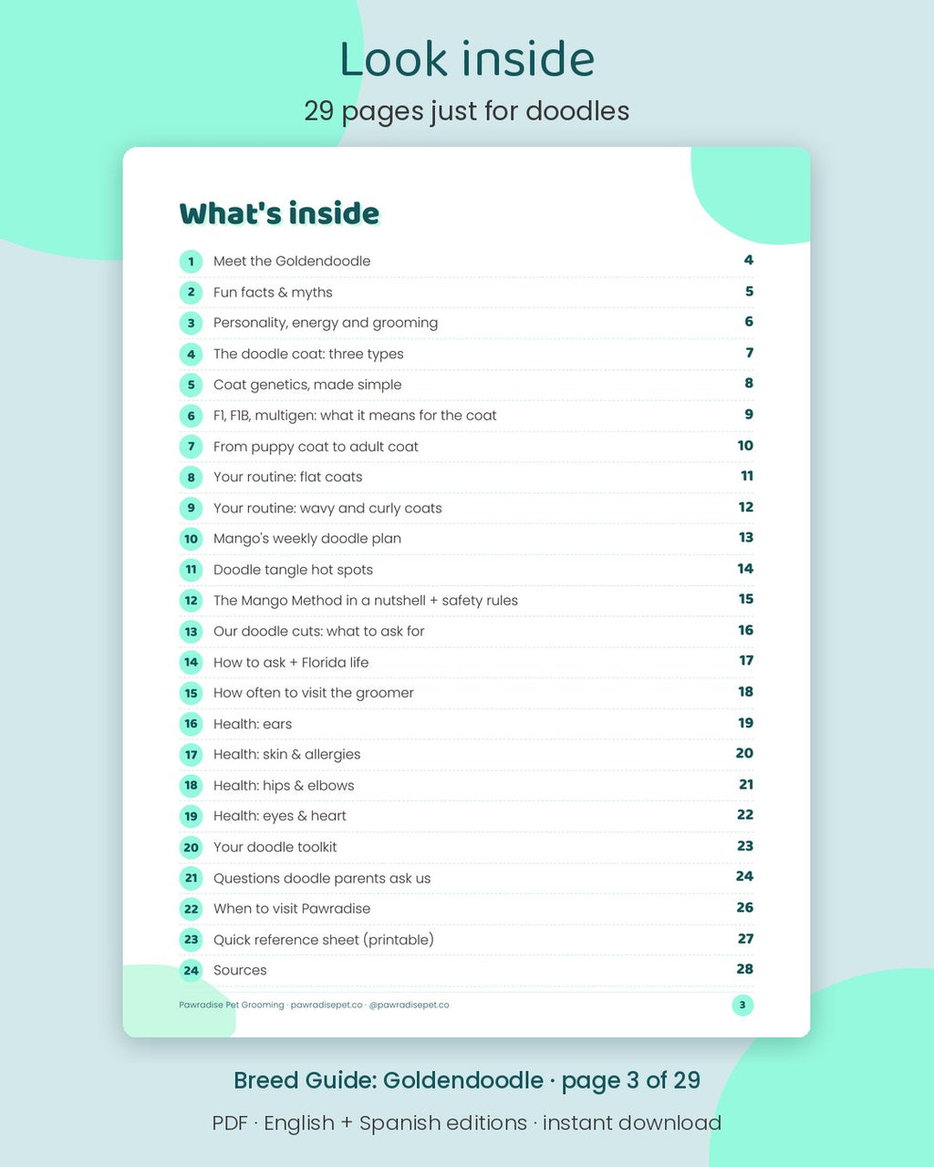 Look inside Mango's Breed Guide: Goldendoodle: 29 pages just for doodles (page 3 of 29)