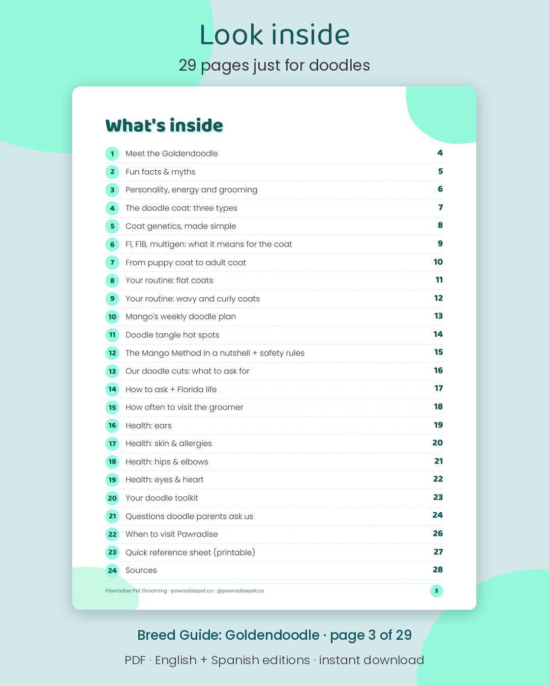 Look inside Mango's Breed Guide: Goldendoodle: 29 pages just for doodles (page 3 of 29)