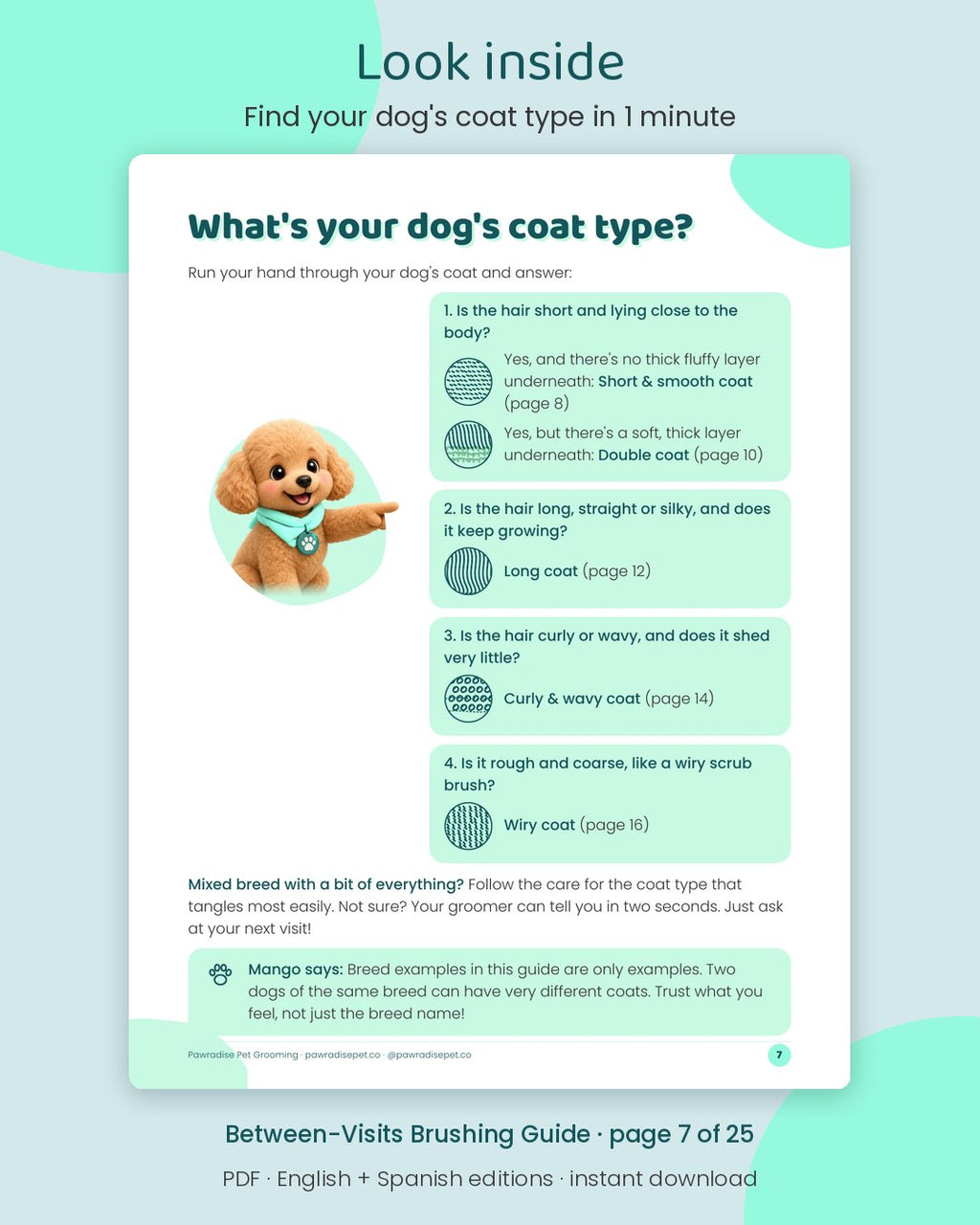 Look inside Mango's Between-Visits Brushing Guide: Find your dog's coat type in 1 minute (page 7 of 25)