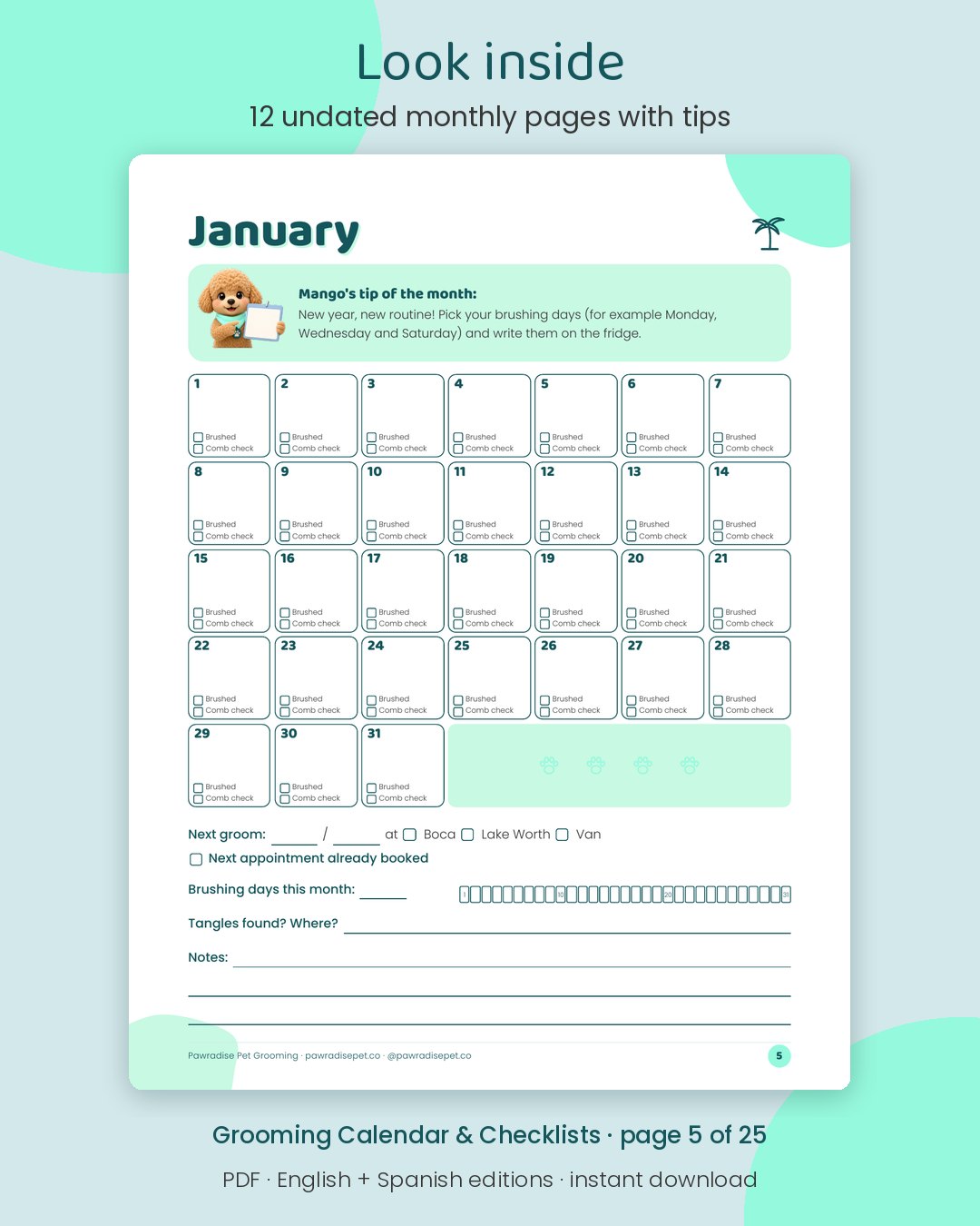 Look inside Mango's Grooming Calendar & Checklists: 12 undated monthly pages with tips (page 5 of 25)