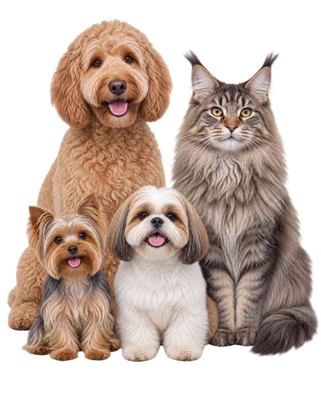 Goldendoodle, Yorkshire terrier, Shih Tzu and Maine Coon cat